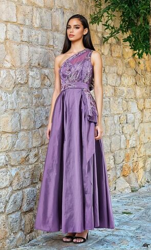 Women's One-Shoulder Embroidered Taffeta Dress – Floral Beaded Maxi with Overlay in Saudi Arabia