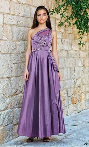 Women's One-Shoulder Embroidered Taffeta Dress – Floral Beaded Maxi with Overlay in Saudi Arabia