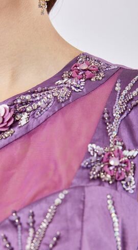 Women's One-Shoulder Embroidered Taffeta Dress – Floral Beaded Maxi with Overlay in Saudi Arabia