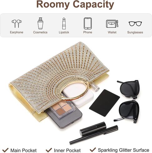 Evening Bags Clutch Purses for Women Formal, Rhinestone Handbags Purse Shoulder Bag with Chain Sparkly for Wedding Guest Party Gold in Saudi Arabia