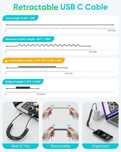 SUNGUY Android Auto USB C إلى USB C Cable 3.3FT، USB C Car Carplay Cable for iPhone 16/15/ Pro/Pro Max، كابل USB C ملفوف 60 وات شحن سريع لهاتف Samsung Galaxy S24 S23، iPad Pro in Saudi Arabia