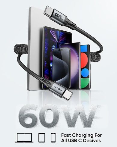SUNGUY Android Auto USB C إلى USB C Cable 3.3FT، USB C Car Carplay Cable for iPhone 16/15/ Pro/Pro Max، كابل USB C ملفوف 60 وات شحن سريع لهاتف Samsung Galaxy S24 S23، iPad Pro in Saudi Arabia