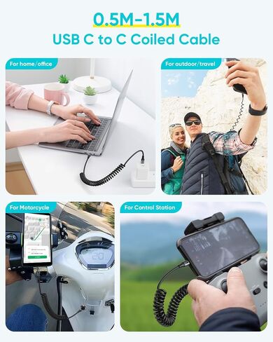 SUNGUY Android Auto USB C إلى USB C Cable 3.3FT، USB C Car Carplay Cable for iPhone 16/15/ Pro/Pro Max، كابل USB C ملفوف 60 وات شحن سريع لهاتف Samsung Galaxy S24 S23، iPad Pro in Saudi Arabia