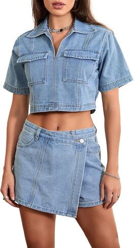 Owl's-Yard Women’s 2 Piece Denim Outfits y2k Short Sleeve Lapel Jean Tops+Asymmetrical Shorts Set Streetwear in Saudi Arabia