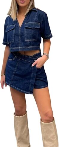 Owl's-Yard Women’s 2 Piece Denim Outfits y2k Short Sleeve Lapel Jean Tops+Asymmetrical Shorts Set Streetwear in Saudi Arabia