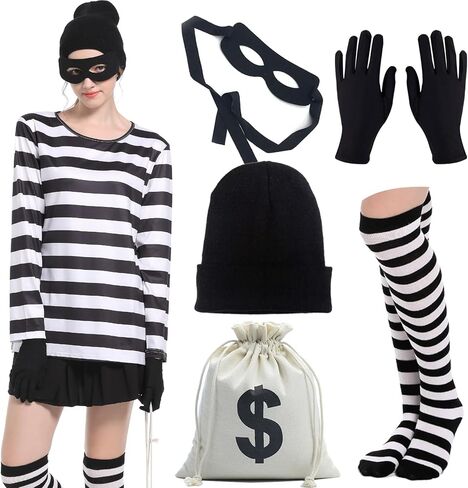 Adult Unisex Robber Costume Set Black and White Striped T-Shirt Thief Accessories for Halloween Cosplay Costume in Saudi Arabia