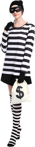 Adult Unisex Robber Costume Set Black and White Striped T-Shirt Thief Accessories for Halloween Cosplay Costume in Saudi Arabia