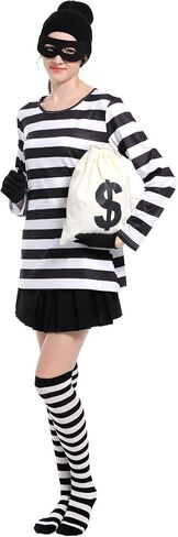 Adult Unisex Robber Costume Set Black and White Striped T-Shirt Thief Accessories for Halloween Cosplay Costume in Saudi Arabia