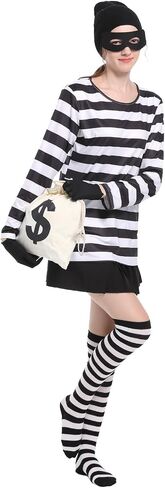 Adult Unisex Robber Costume Set Black and White Striped T-Shirt Thief Accessories for Halloween Cosplay Costume in Saudi Arabia