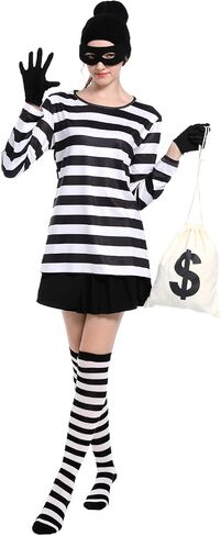 Adult Unisex Robber Costume Set Black and White Striped T-Shirt Thief Accessories for Halloween Cosplay Costume in Saudi Arabia