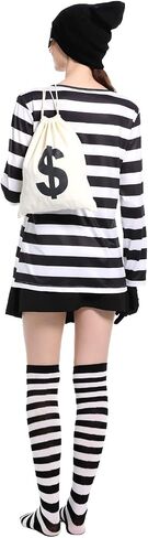 Adult Unisex Robber Costume Set Black and White Striped T-Shirt Thief Accessories for Halloween Cosplay Costume in Saudi Arabia