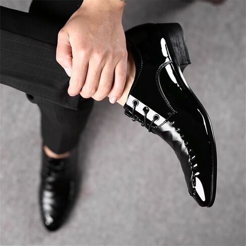 Men's Shiny Patent Leather Dress Shoes Formal Business Casual Oxford Trendy Plaid Upper Tuxedo Shoes for Men in Saudi Arabia