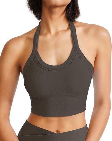 حمالة صدر رياضية هالتر طويلة مفتوحة الظهر للتمرين، قمصان علوية مضلعة مع حمالة صدر مدمجة للصالة الرياضية واليوجا in Kuwait