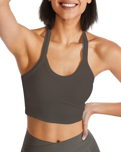 حمالة صدر رياضية هالتر طويلة مفتوحة الظهر للتمرين، قمصان علوية مضلعة مع حمالة صدر مدمجة للصالة الرياضية واليوجا in Kuwait