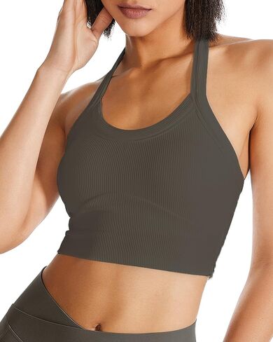 حمالة صدر رياضية هالتر طويلة مفتوحة الظهر للتمرين، قمصان علوية مضلعة مع حمالة صدر مدمجة للصالة الرياضية واليوجا in Kuwait