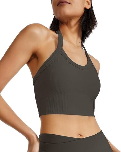 حمالة صدر رياضية هالتر طويلة مفتوحة الظهر للتمرين، قمصان علوية مضلعة مع حمالة صدر مدمجة للصالة الرياضية واليوجا in Kuwait