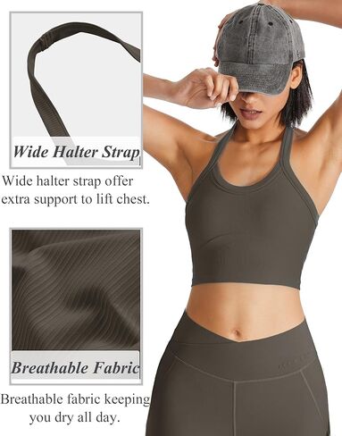 حمالة صدر رياضية هالتر طويلة مفتوحة الظهر للتمرين، قمصان علوية مضلعة مع حمالة صدر مدمجة للصالة الرياضية واليوجا in Kuwait