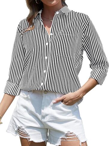 CUNLIN Wrinkle Free Women's Button Down Shirts Striped Long Sleeve Collared Blouses Tops with Pocket in Kuwait