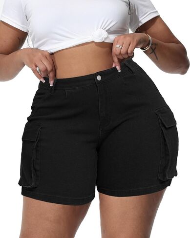 Women Plus Size Jean Shorts Stretchy Curvy Cargo Shorts High Waisted Streetwear Denim Shorts with Pockets in Saudi Arabia