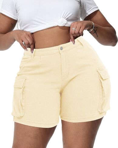 Women Plus Size Jean Shorts Stretchy Curvy Cargo Shorts High Waisted Streetwear Denim Shorts with Pockets in Saudi Arabia