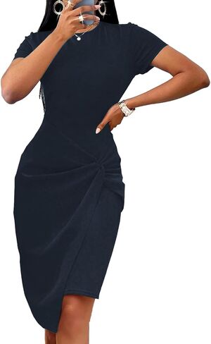 Women's Long Sleeve Wedding Guest Dress 2024 Sexy V Neck Wrap Ruched Bodycon Party Work Midi Dresses in Saudi Arabia