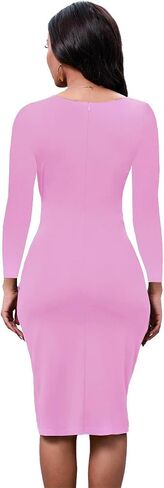 Women's Long Sleeve Wedding Guest Dress 2024 Sexy V Neck Wrap Ruched Bodycon Party Work Midi Dresses in Saudi Arabia