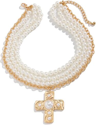 Pearl Cross Necklace for Women Chunky Gold Cross Necklace Layered Cross Pearl Stacked Choker Necklace OT Buckle Chain Chunky Gold Statement Cross Pendant Necklace in Saudi Arabia