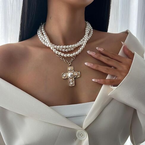 Pearl Cross Necklace for Women Chunky Gold Cross Necklace Layered Cross Pearl Stacked Choker Necklace OT Buckle Chain Chunky Gold Statement Cross Pendant Necklace in Saudi Arabia