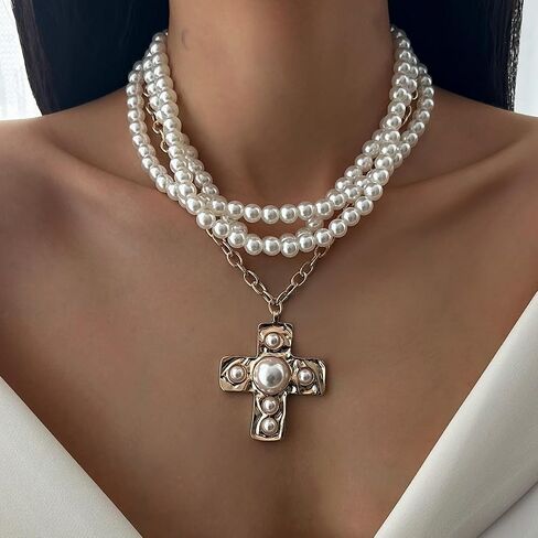 Pearl Cross Necklace for Women Chunky Gold Cross Necklace Layered Cross Pearl Stacked Choker Necklace OT Buckle Chain Chunky Gold Statement Cross Pendant Necklace in Saudi Arabia