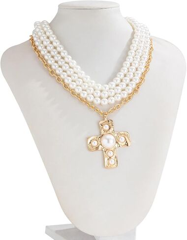 Pearl Cross Necklace for Women Chunky Gold Cross Necklace Layered Cross Pearl Stacked Choker Necklace OT Buckle Chain Chunky Gold Statement Cross Pendant Necklace in Saudi Arabia