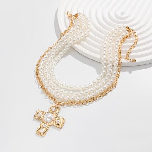 Pearl Cross Necklace for Women Chunky Gold Cross Necklace Layered Cross Pearl Stacked Choker Necklace OT Buckle Chain Chunky Gold Statement Cross Pendant Necklace in Saudi Arabia