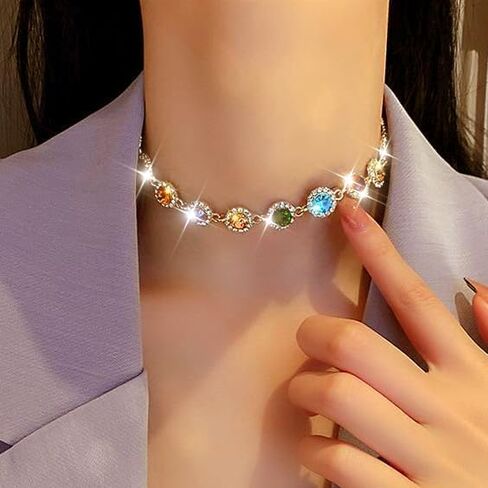 CLOACE Colorful Crystal Choker Necklace Sparkly Rhinestone Chokers Necklaces Chain Party Prom Neck Jewelry for Women in Kuwait