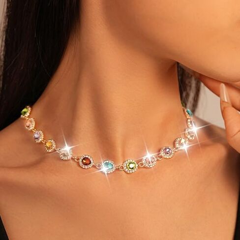 CLOACE Colorful Crystal Choker Necklace Sparkly Rhinestone Chokers Necklaces Chain Party Prom Neck Jewelry for Women in Kuwait
