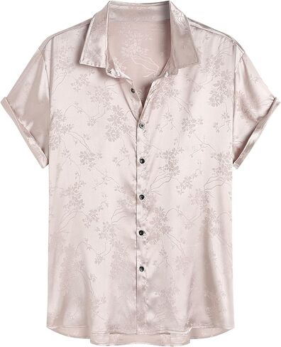 ZAFUL Mens Short Sleeve Summer Shirt Jacquard Silky Satin Dress Shirt Floral Print Rose Pattern Button Shirt in Saudi Arabia