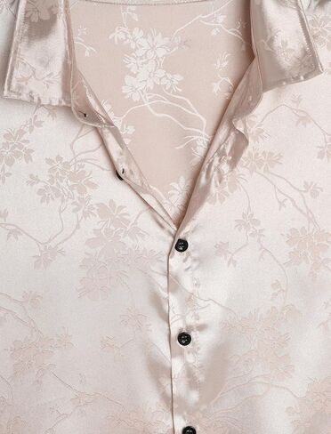 ZAFUL Mens Short Sleeve Summer Shirt Jacquard Silky Satin Dress Shirt Floral Print Rose Pattern Button Shirt in Saudi Arabia