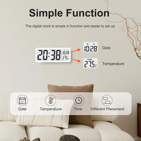 Jofomp LCD ساعات الحائط الرقمية تعمل بطارية ، 8.5 بوصة على مدار الساعة الحديثة لديكور غرفة المعيشة ، ساعة حائط رقمية بسيطة مع درجة الحرارة/التاريخ/الوقت - 12/24 ساعة ، ساعة مكتب صغيرة لمكتب غرفة النوم in Kuwait