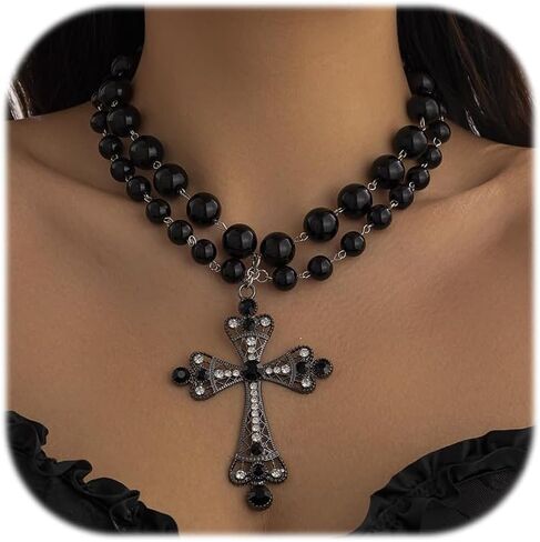 Pearl Cross Necklace for Women Chunky Gold Cross Necklace Layered Cross Pearl Stacked Choker Necklace OT Buckle Chain Chunky Gold Statement Cross Pendant Necklace in Saudi Arabia