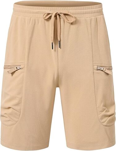 QPNGRP Men's Knit PlaidCloth 8" Inseam Elastic Waist Zipper Cargo Shorts in Saudi Arabia