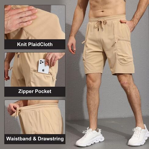 QPNGRP Men's Knit PlaidCloth 8" Inseam Elastic Waist Zipper Cargo Shorts in Saudi Arabia