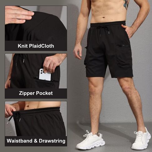 QPNGRP Men's Knit PlaidCloth 8" Inseam Elastic Waist Zipper Cargo Shorts in Saudi Arabia