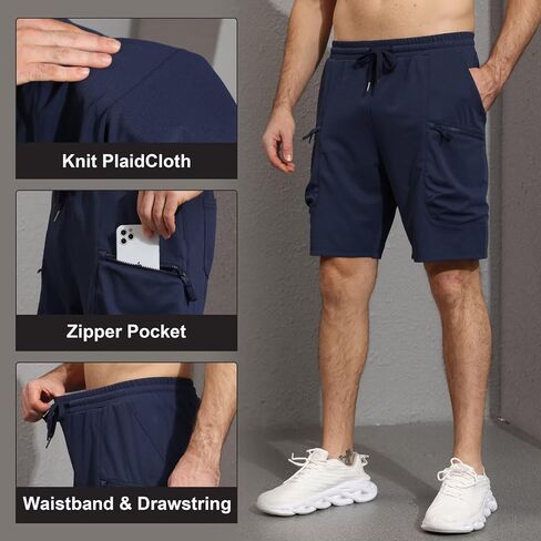 QPNGRP Men's Knit PlaidCloth 8" Inseam Elastic Waist Zipper Cargo Shorts in Kuwait