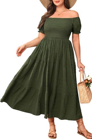 Pinup Fashion Green Plus Size Dress Army Off Conder Summer Summer Sumched Tier Fluged Shulk Flowy Long Maternity Dress 2025 in Saudi Arabia