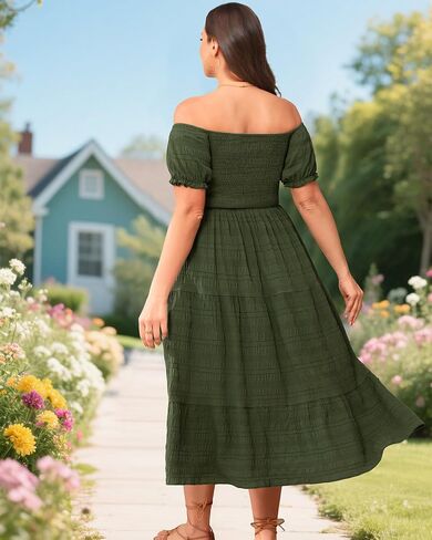 Pinup Fashion Green Plus Size Dress Army Off Conder Summer Summer Sumched Tier Fluged Shulk Flowy Long Maternity Dress 2025 in Saudi Arabia