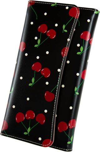 Womens Wallet Leather RFID Blocking Trifold Ladies Purse long Clutch Credit Card Holder Phone Checkbook Organizer (Black Cherries) in Kuwait