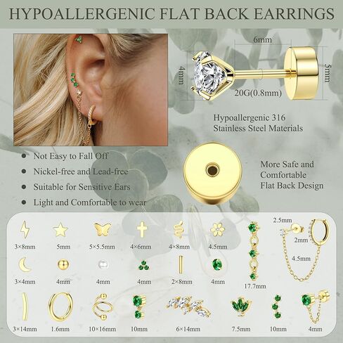 Small Gold Flat Back Earrings for Women Stainless Steel 20G Cartilage Stud Earrings Set for Multiple Piercing Butterfly Green CZ Flatback Earrings Helix Tragus Conch Piercing Jewelry in Kuwait