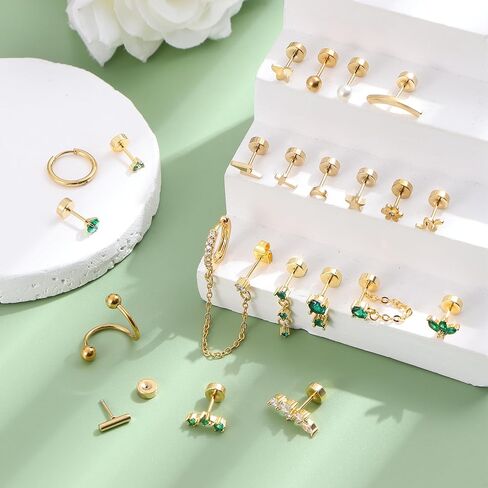 Small Gold Flat Back Earrings for Women Stainless Steel 20G Cartilage Stud Earrings Set for Multiple Piercing Butterfly Green CZ Flatback Earrings Helix Tragus Conch Piercing Jewelry in Kuwait