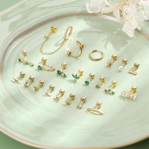 Small Gold Flat Back Earrings for Women Stainless Steel 20G Cartilage Stud Earrings Set for Multiple Piercing Butterfly Green CZ Flatback Earrings Helix Tragus Conch Piercing Jewelry in Kuwait