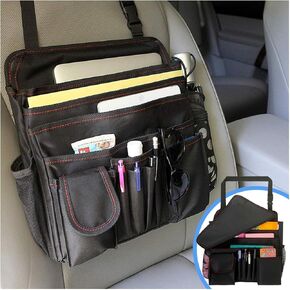 Car Front Seat Organizer, Car Backseat Organizer with Adjustable Shoulder Strap, Passenger Seat File Storage Bag with Dedicated Laptop Tablet Holder Cup Holder for Car Law Enforcement (Black)