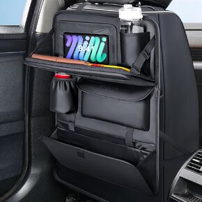 Coverado Backseat Car Organizer, Nappa Leather Car Seat Organizer with Touch Screen Tablet Holder, Foldable Food Tray, Kick Mats Protector, Multi Car Storage Accessories, Garbage Bag Holder-1 Pack