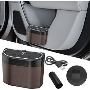 Car Trash Can with Lid, Leakproof Mini Vehicle Garbage Container Bin with LED Light, Auto Interior Front Back Seat Storage Organizer Dustbin, Universal for SUV, Sedan, Truck(Black)